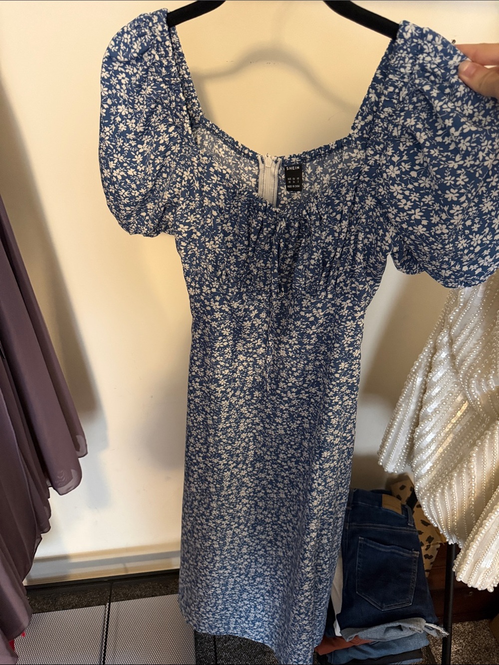 SHEIN Blue Floral Square-Neck Puff Sleeve Midi Dress